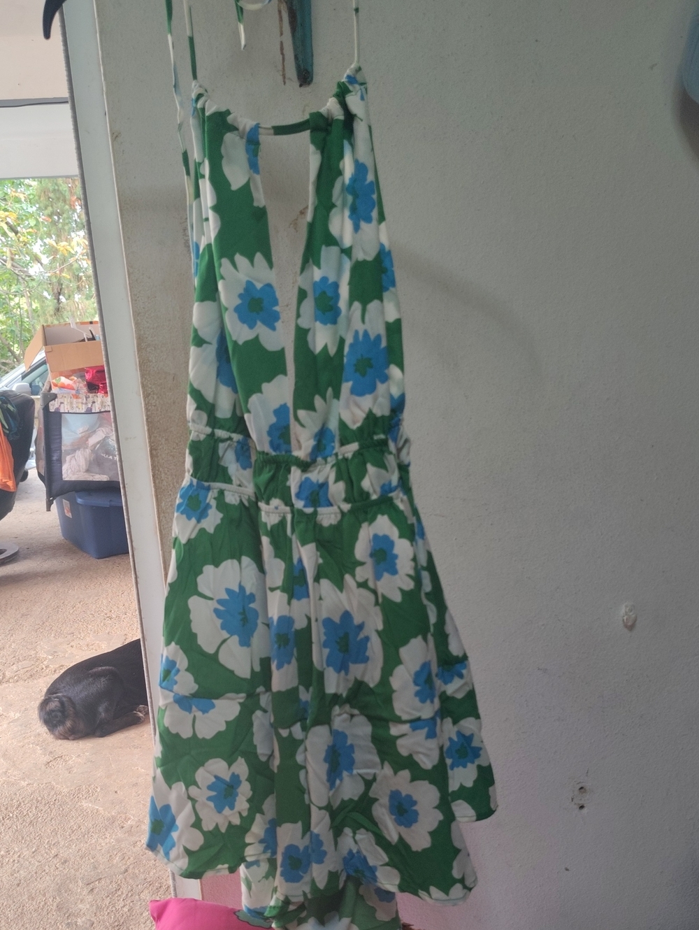 Green Floral Halter Mini Dress with Blue & White Blooms